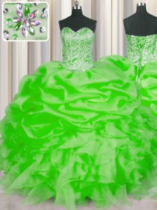 Sleeveless Organza Floor Length Lace Up Dama Dress for Quinceanera in with Beading and Ruffles and Pick Ups