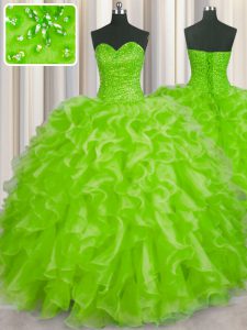Hot Sale Yellow Green Ball Gowns Sweetheart Sleeveless Organza Floor Length Lace Up Beading and Ruffles Sweet 16 Quinceanera Dress