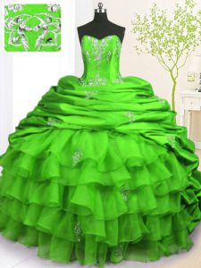 Pick Ups Ruffled With Train Ball Gowns Sleeveless Green Sweet 16 Dresses Brush Train Lace Up
