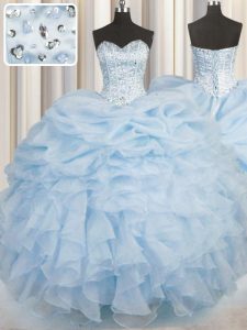 Luxury Sleeveless Organza Floor Length Lace Up Sweet 16 Quinceanera Dress in Light Blue with Beading and Ruffles