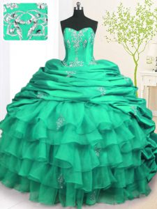 Deluxe With Train Turquoise Quinceanera Dress Organza and Taffeta Brush Train Sleeveless Beading and Appliques and Ruffled Layers and Pick Ups