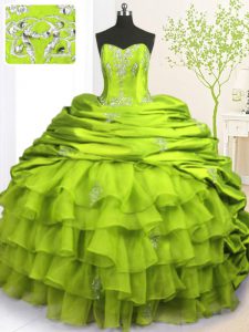 Most Popular Olive Green Sleeveless Brush Train Beading and Appliques and Ruffled Layers and Pick Ups With Train Ball Gown Prom Dress