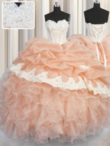 Noble Peach Sleeveless Floor Length Appliques and Ruffles and Pick Ups Lace Up Quince Ball Gowns