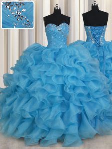 Modest Beading and Ruffles Sweet 16 Quinceanera Dress Baby Blue Lace Up Sleeveless Floor Length