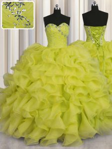 Yellow Green Ball Gowns Sweetheart Sleeveless Organza Floor Length Lace Up Beading and Ruffles Vestidos de Quinceanera