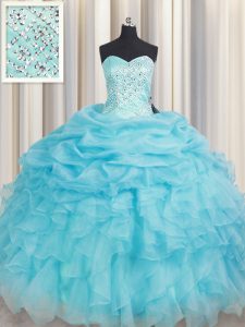 Flare Sleeveless Floor Length Beading and Ruffles Lace Up 15 Quinceanera Dress with Baby Blue