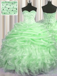 Sophisticated Sweetheart Sleeveless Quince Ball Gowns With Brush Train Beading and Ruffles and Pick Ups Organza