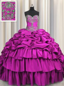 Fitting Brush Train Fuchsia Sleeveless Floor Length Beading and Embroidery and Ruffled Layers and Pick Ups Lace Up Quince Ball Gowns