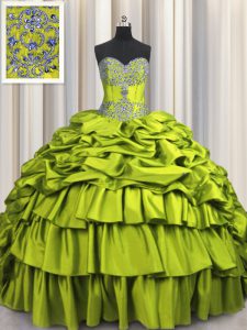 Brush Train Olive Green Ball Gowns Taffeta Sweetheart Sleeveless Beading and Embroidery and Ruffled Layers and Pick Ups Floor Length Lace Up Womens Party Dresses
