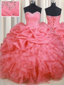 Beading and Ruffles and Ruching and Pick Ups Quinceanera Gown Watermelon Red Lace Up Sleeveless Floor Length