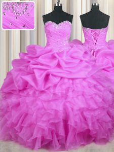 Exceptional Sweetheart Sleeveless Quinceanera Gowns Floor Length Beading and Ruffles and Sequins and Ruching Lilac Organza