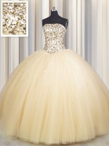 Great Really Puffy Floor Length Lace Up Ball Gown Prom Dress Gold for Military Ball and Sweet 16 and Quinceanera with Beading and Sequins