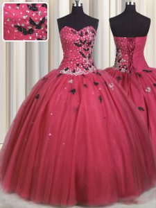 Coral Red Sweet 16 Dresses Military Ball and Sweet 16 and Quinceanera and For with Beading and Appliques Sweetheart Sleeveless Lace Up
