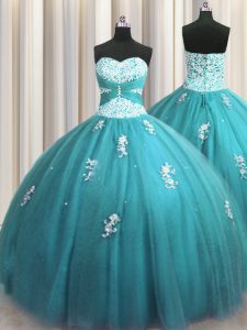 Glorious Halter Top Teal Lace Up Quinceanera Dresses Beading and Appliques Sleeveless Floor Length