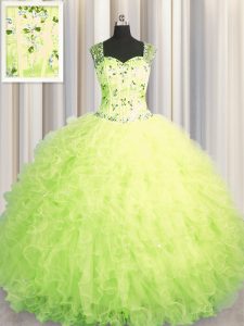 See Through Zipper Up Floor Length Yellow Green 15th Birthday Dress Tulle Sleeveless Beading and Ruffles