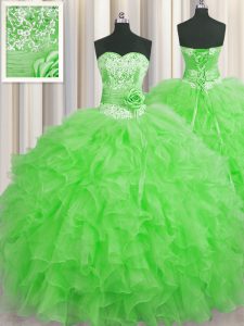 Stylish Handcrafted Flower Green Lace Up Quinceanera Dresses Beading and Ruffles and Hand Made Flower Sleeveless Floor Length