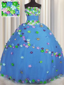 Gorgeous Blue Lace Up Quinceanera Dresses Hand Made Flower Sleeveless Floor Length