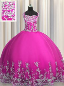 Fuchsia Straps Neckline Beading and Appliques 15 Quinceanera Dress Sleeveless Lace Up