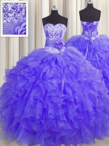 Fitting Handcrafted Flower Lavender Sweetheart Neckline Beading and Ruffles and Hand Made Flower Ball Gown Prom Dress Sleeveless Lace Up
