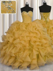 Perfect Sleeveless Floor Length Beading and Ruffles Lace Up Quince Ball Gowns with Gold