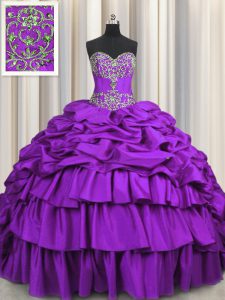 Enchanting Lace Up 15th Birthday Dress Purple for Military Ball and Sweet 16 and Quinceanera with Beading and Embroidery and Ruffled Layers and Pick Ups Brush Train