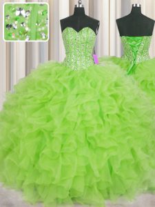 On Sale Visible Boning Sleeveless Organza Floor Length Lace Up 15th Birthday Dress in with Beading and Ruffles