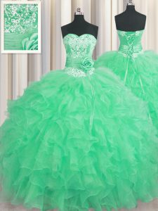 Handcrafted Flower Apple Green Organza Lace Up Sweetheart Sleeveless Floor Length Sweet 16 Dress Beading and Ruffles and Hand Made Flower