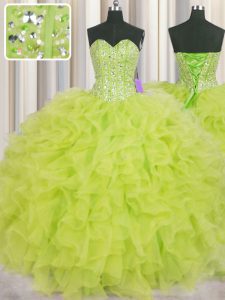 Custom Fit Visible Boning Yellow Green Sleeveless Organza Lace Up 15th Birthday Dress for Military Ball and Sweet 16 and Quinceanera