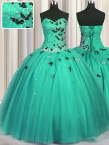 Sleeveless Floor Length Beading and Appliques Lace Up Ball Gown Prom Dress with Turquoise