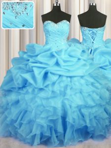 Fashionable Baby Blue Organza Lace Up Sweet 16 Dress Sleeveless Floor Length Beading and Ruffles and Ruching and Pick Ups