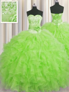 Handcrafted Flower Sleeveless Floor Length Beading and Ruffles and Hand Made Flower Lace Up 15 Quinceanera Dress