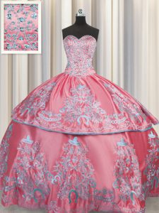 Embroidery Rose Pink Sleeveless Taffeta Lace Up Quinceanera Dress for Military Ball and Sweet 16 and Quinceanera