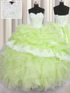 Yellow Green Sleeveless Floor Length Beading and Appliques and Ruffles and Pick Ups Lace Up Sweet 16 Quinceanera Dress