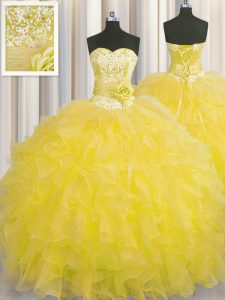 Handcrafted Flower Organza Sleeveless Floor Length Quinceanera Dress and Beading and Ruffles and Hand Made Flower