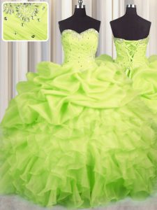 Elegant Yellow Green Sweetheart Lace Up Beading and Ruffles and Ruching and Pick Ups Sweet 16 Dresses Sleeveless