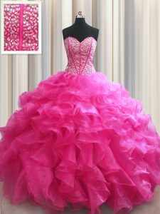 Customized Visible Boning Beading and Ruffles Quinceanera Dress Hot Pink Lace Up Sleeveless Floor Length