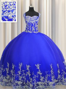 Popular Halter Top Royal Blue Organza Lace Up Quinceanera Gowns Sleeveless Floor Length Beading and Appliques