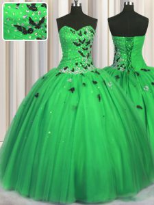 Ball Gowns Sweet 16 Dresses Green Sweetheart Tulle Sleeveless Floor Length Lace Up
