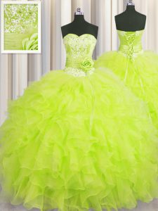 Handcrafted Flower Floor Length Ball Gowns Sleeveless Yellow Green Quinceanera Gowns Lace Up