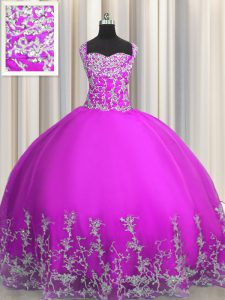 Floor Length Lace Up Ball Gown Prom Dress Purple for Military Ball and Sweet 16 and Quinceanera with Beading and Appliques
