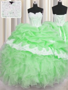 Suitable Organza Sleeveless Floor Length Quinceanera Gowns and Beading and Appliques and Ruffles and Pick Ups