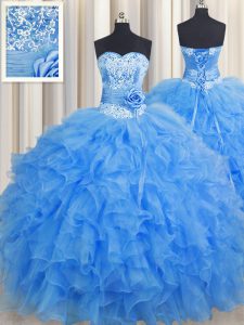 High Class Handcrafted Flower Baby Blue Lace Up Ball Gown Prom Dress Beading and Ruffles and Hand Made Flower Sleeveless Floor Length