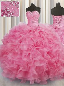 Luxury Sleeveless Floor Length Beading and Ruffles Lace Up Sweet 16 Quinceanera Dress with Rose Pink