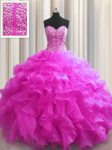 Most Popular Visible Boning Fuchsia Ball Gowns Sweetheart Sleeveless Organza Floor Length Lace Up Beading and Ruffles Quinceanera Dresses