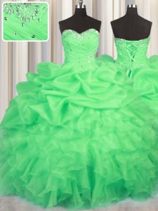 Superior Pick Ups Green Sleeveless Organza Lace Up Quince Ball Gowns for Military Ball and Sweet 16 and Quinceanera
