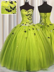 Stylish Tulle Sweetheart Sleeveless Lace Up Beading and Appliques Quinceanera Gown in Olive Green
