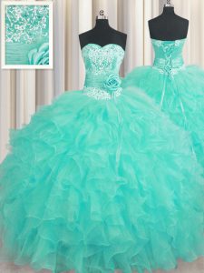 Fine Handcrafted Flower Floor Length Lace Up Quinceanera Gowns Aqua Blue for Military Ball and Sweet 16 and Quinceanera with Beading and Ruffles and Hand Made Flower