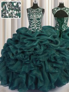 Scoop See Through Floor Length Ball Gowns Sleeveless Teal Quinceanera Gown Lace Up