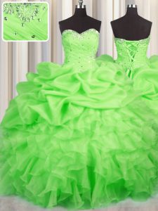 Organza Sweetheart Sleeveless Lace Up Beading and Ruffles and Ruching and Pick Ups Ball Gown Prom Dress in