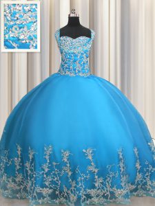 Free and Easy Floor Length Lace Up Ball Gown Prom Dress Baby Blue for Military Ball and Sweet 16 and Quinceanera with Beading and Appliques